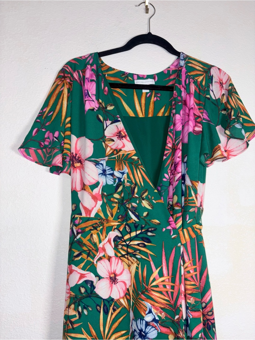 New York & Company Green Floral Wrap Maxi Dress with Pink Accents - Picture 3 of 7